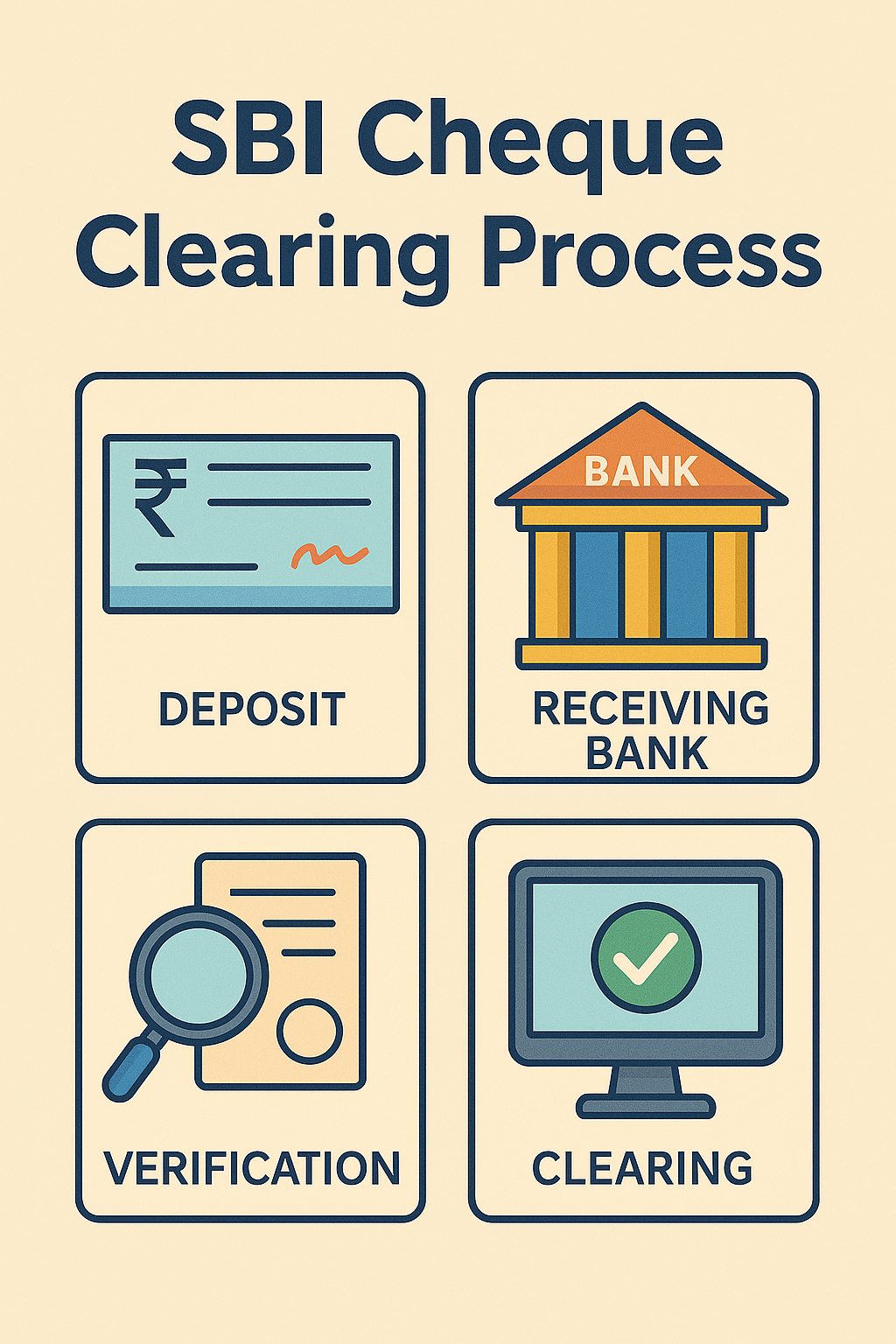 Step-by-step SBI cheque clearing process including deposit, receiving bank, verification and final clearing