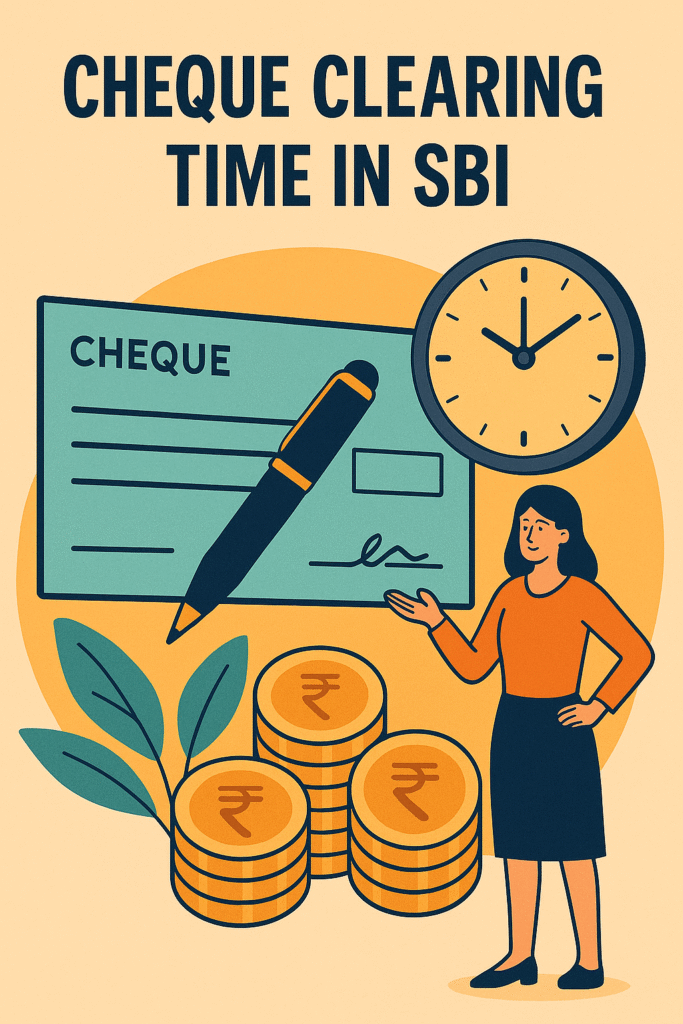 Illustration showing cheque, processing time, bank processing and factors affecting SBI cheque clearing time.
