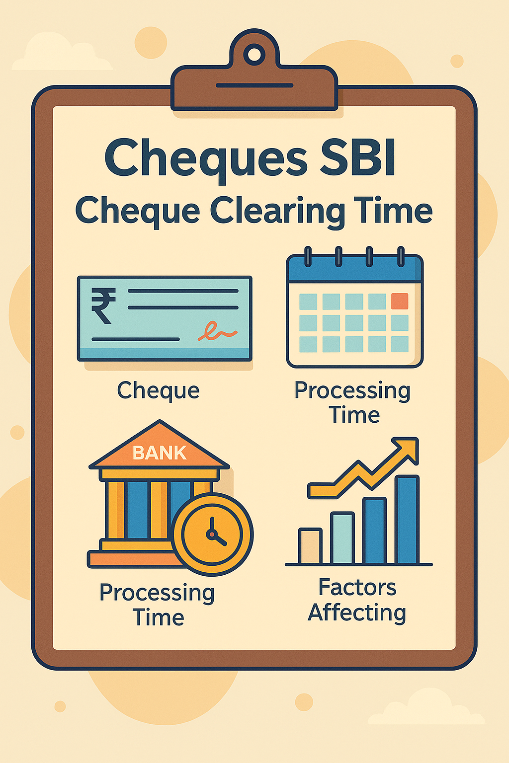 Cheque with clock illustration showing SBI cheque clearing time and processing duration.