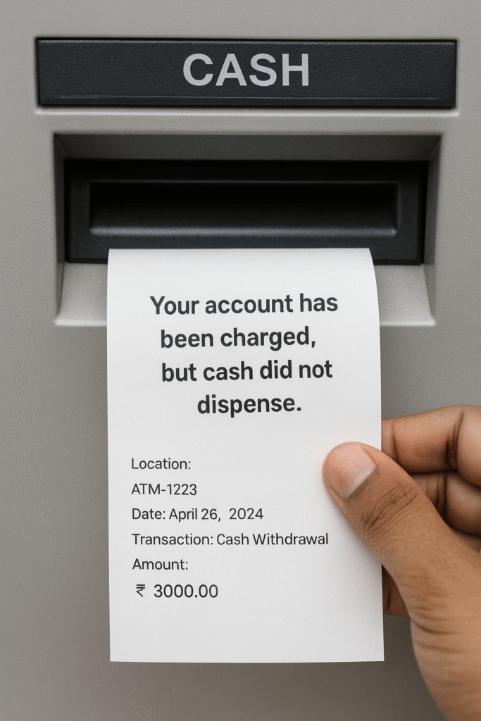 atm machine showing a receipt stating money was deducted but cash did not dispense