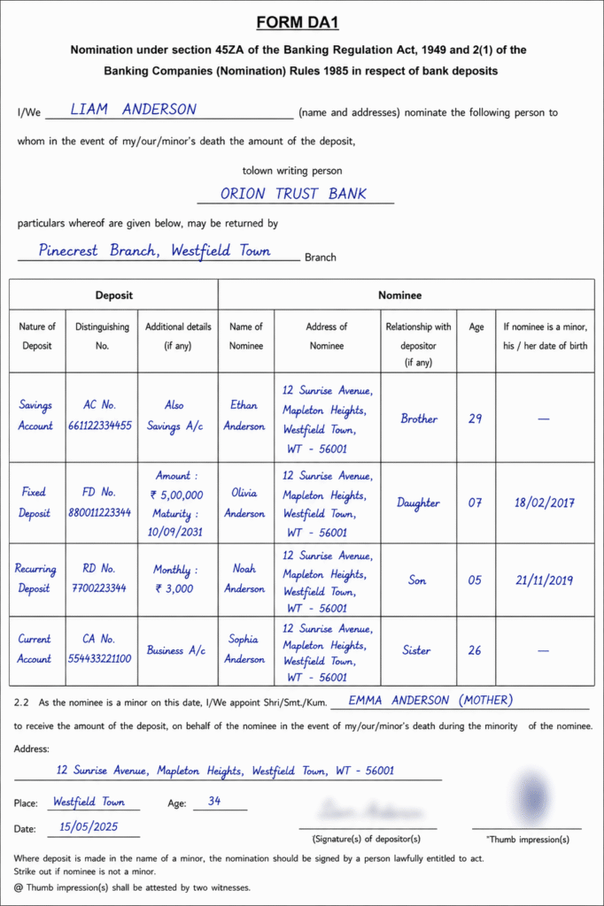 Sample form DA1