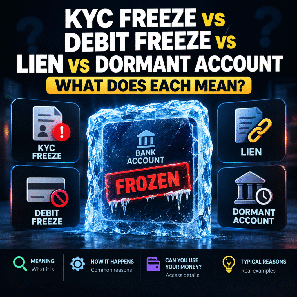 KYC freeze vs debit freeze vs lien vs dormant account